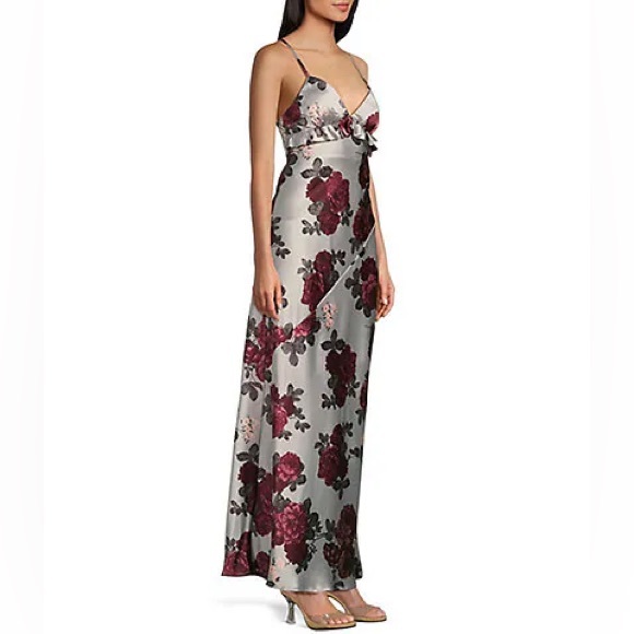 NWT Pear Culture x Macy’s Gray Silver Satin Floral Gown - Picture 2 of 8